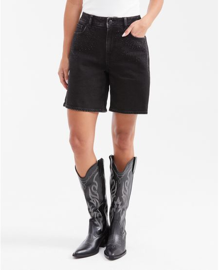 Bermuda en Denim High Rise Color Negro con Piedras Brillantes para Mujer