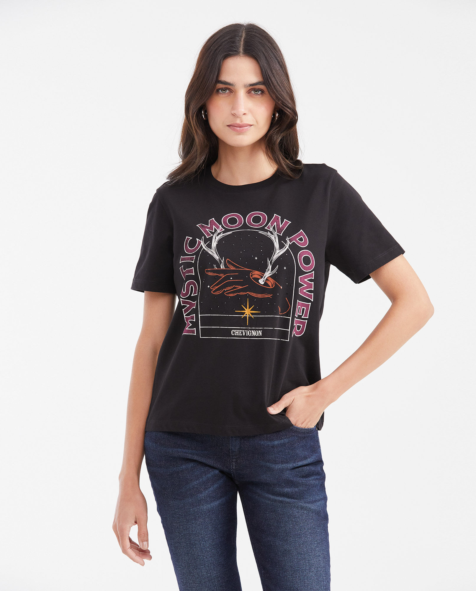 Camiseta Estampada con Detalle de Piedras para Mujer