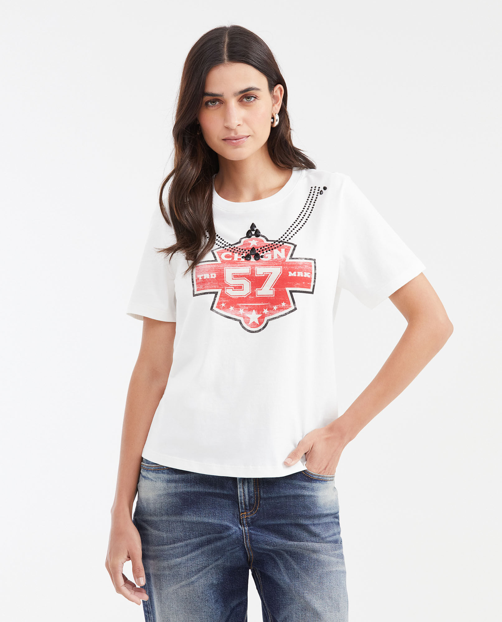 Camiseta Estampada con Detalle de Piedras para Mujer