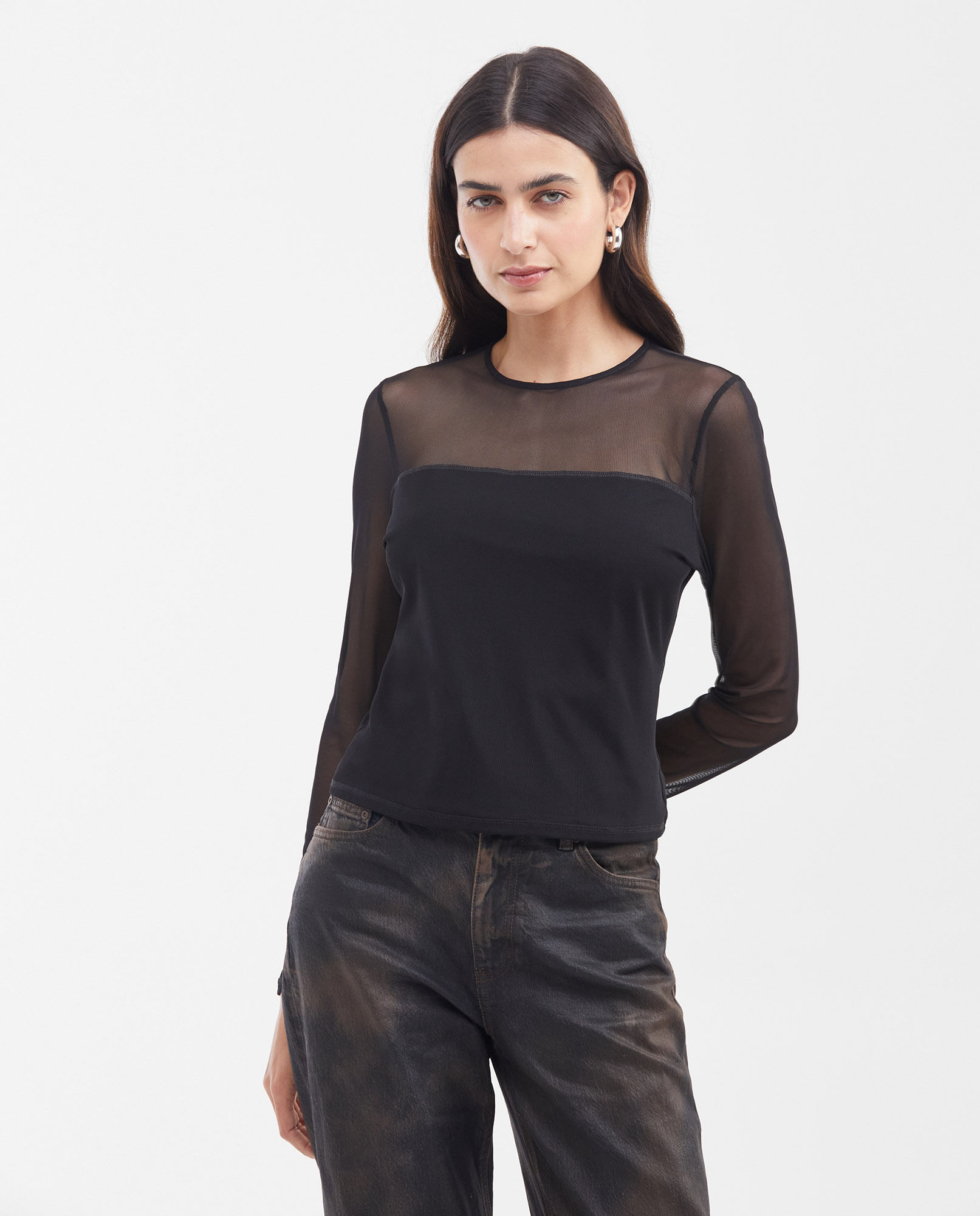 Camiseta Ajustada en Malla Semi Transparente para Mujer