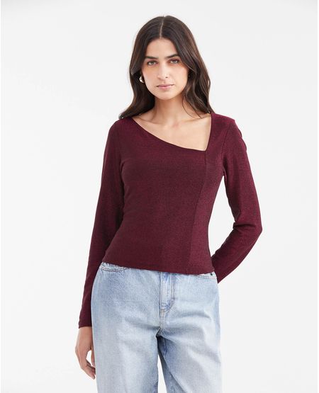 Camiseta Silueta Ajustada Cuello Asimétrico Manga Larga para Mujer