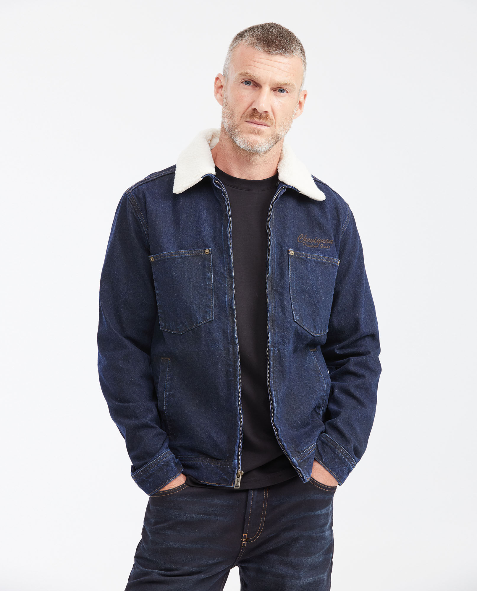 Chaqueta en Denim Tipo Trucker con Cuello Ovejero Removible Azul Oscuro para Hombre