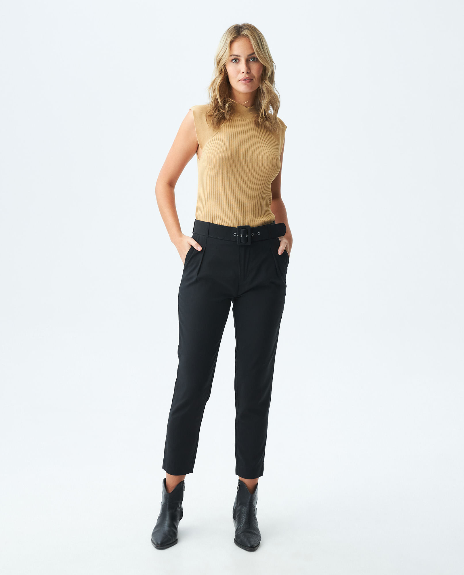 Pantalón de Mujer, Regular Fit Tiro Alto Bota Recta - Correa en Tela
