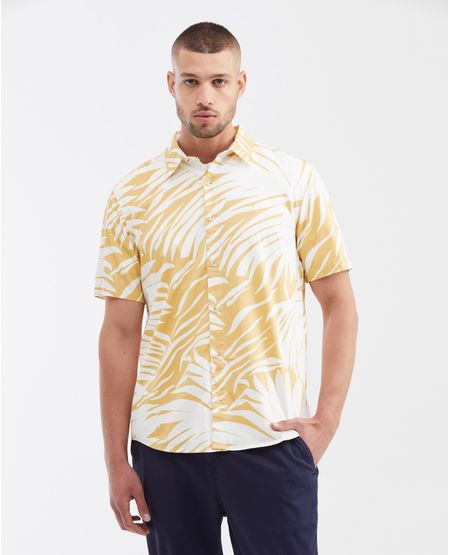 Camisa Resort Classic Fit Manga Corta 100% Algodón con Maxi Print de Hojas para Hombre
