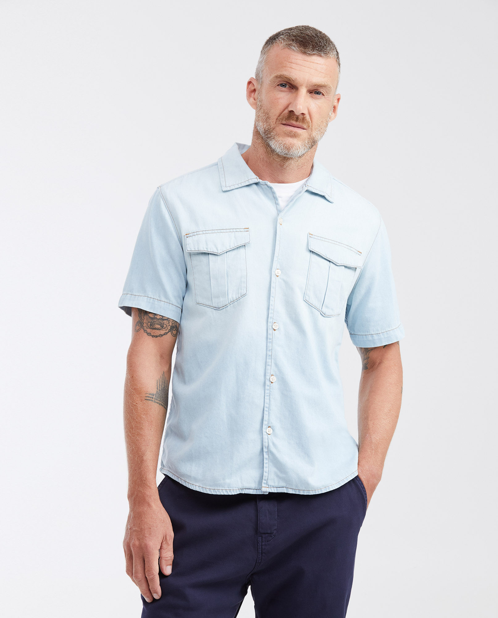 Camisa en Denim Slim Fit Manga Corta Azul Claro para Hombre