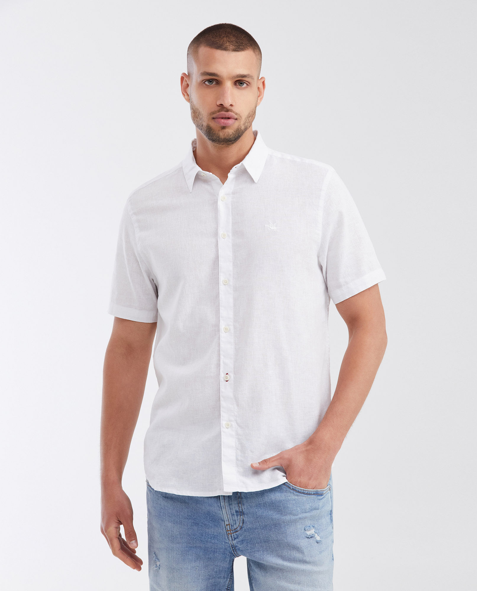 Camisa Classi Fit Manga Corta en Mezcla de Lino y Algodón para Hombre