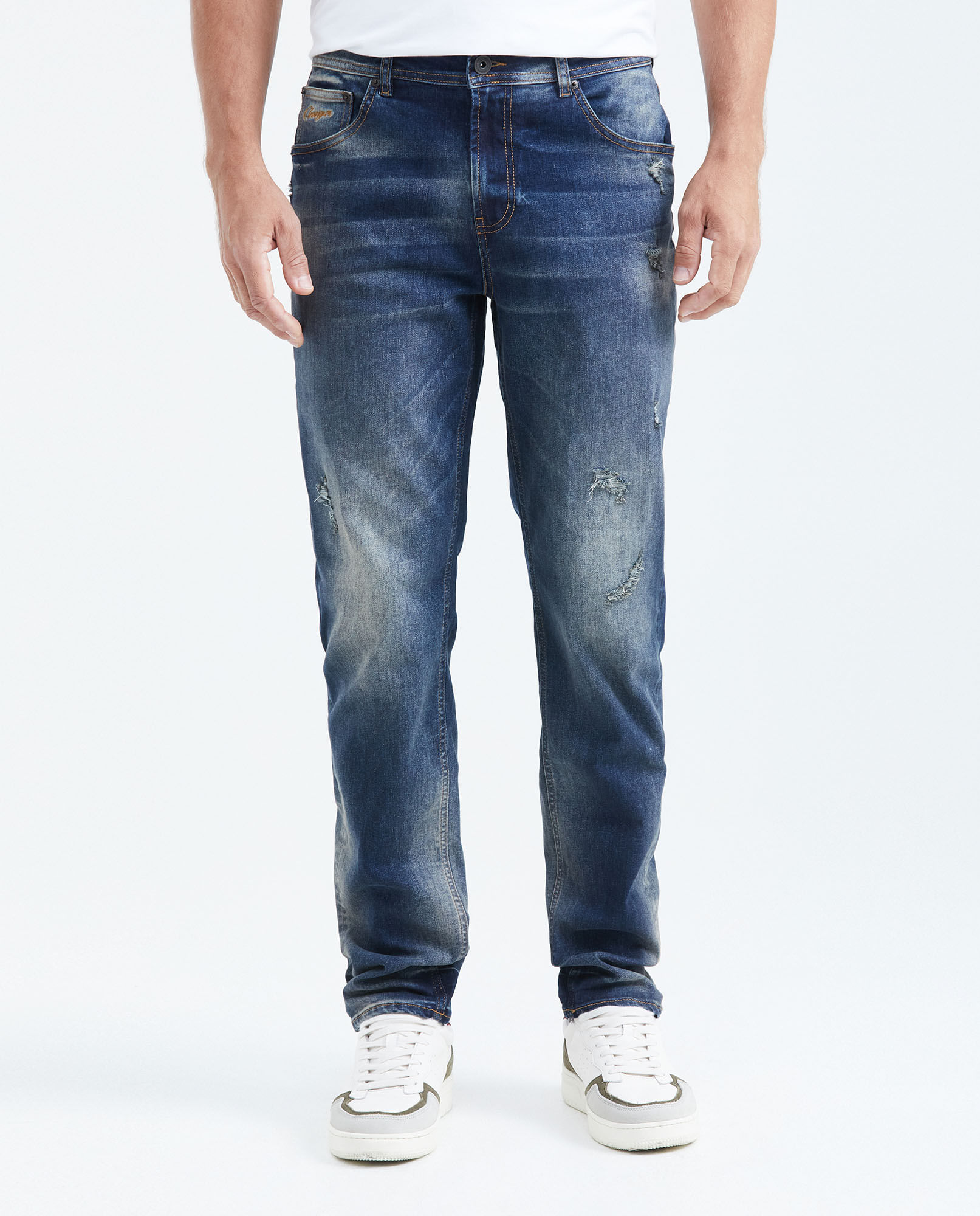 Jean Straight Fit Tiro Medio Bota Slim Azul Oscuro con Rotos para Hombre