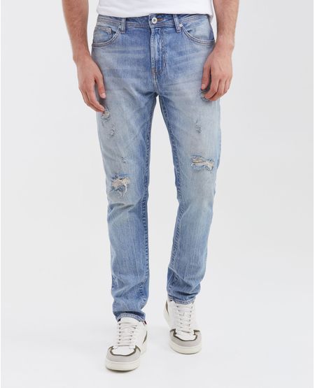 Jean Slim Fit Tiro Medio Bota Slim Azul Claro y Rotos para Hombre