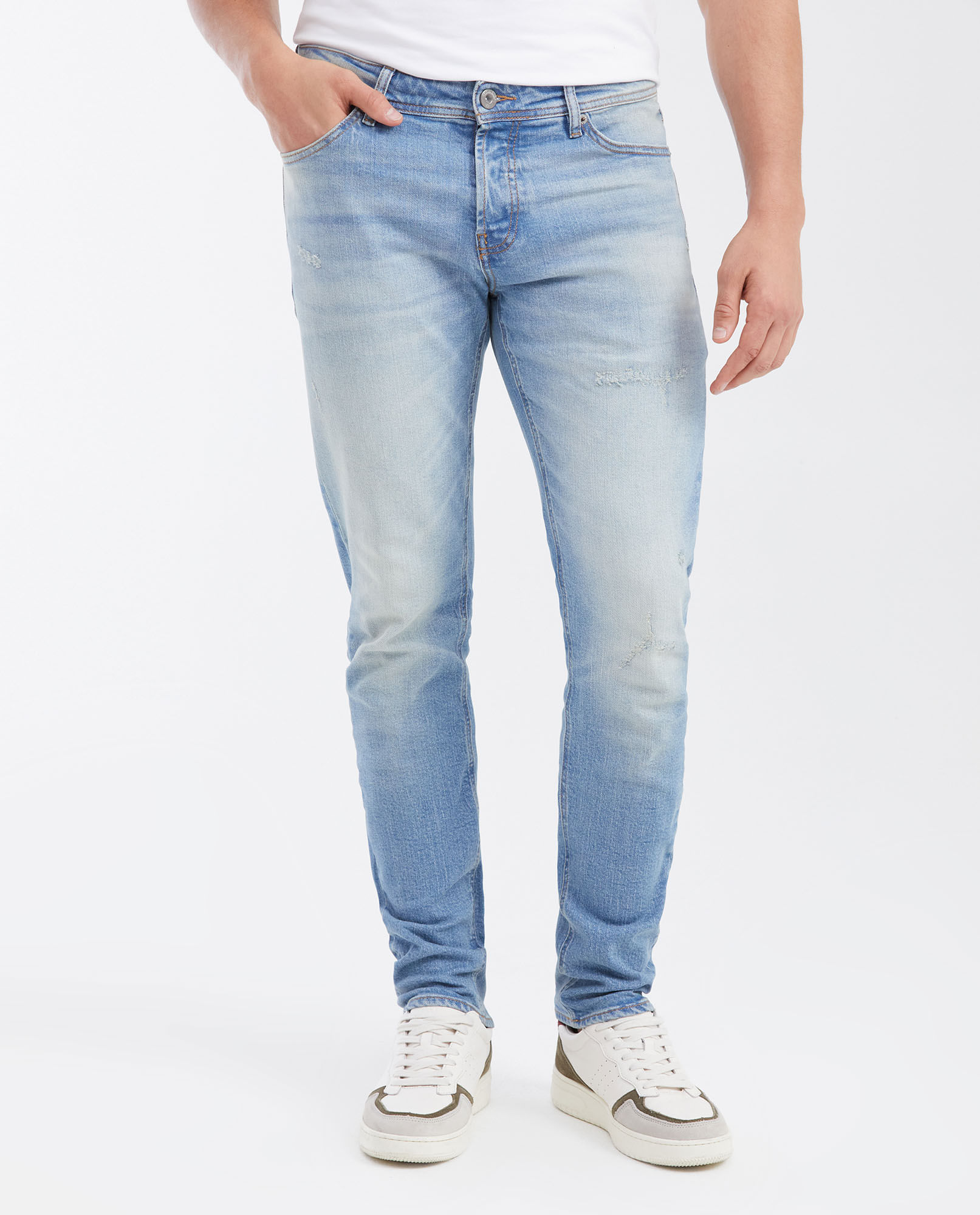 Jean Súper Slim Fit Tiro Bajo Bota Super Slim Azul Claro Lavado Vintage para Hombre