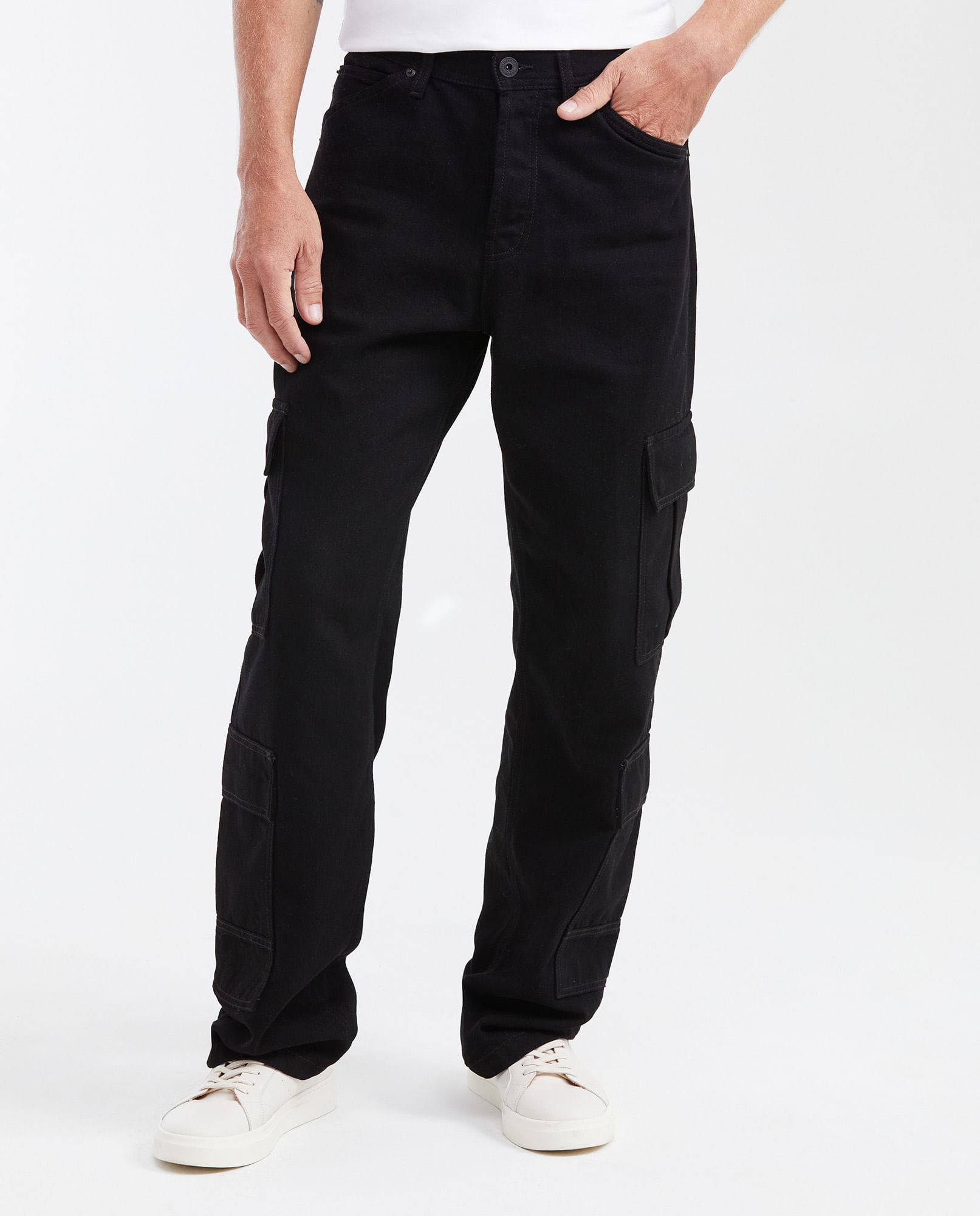 Jean Relaxed Fit Tipo Cargo Tiro Alto Boot Cut Negro para Hombre