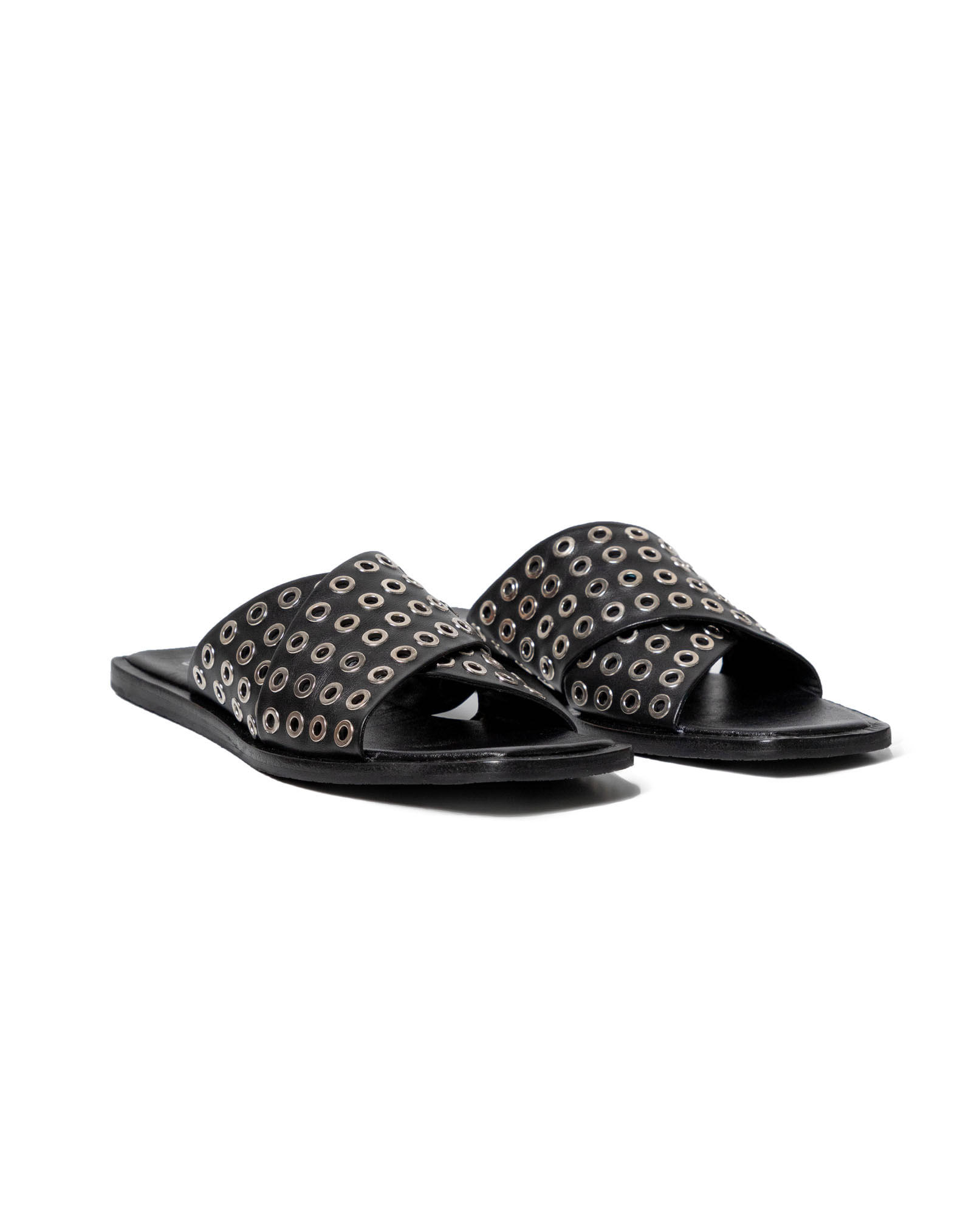 Sandalias Planas Destalonadas en Cuero con Aplicaciones Metálicas para Mujer