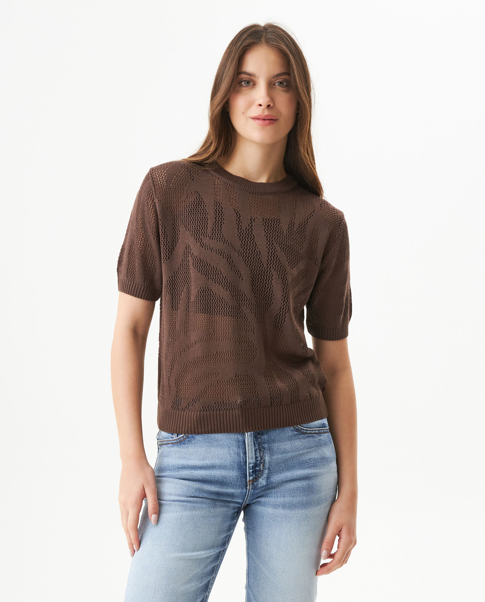 Camiseta Tejida de Manga Corta con Diseño Animal Print para Mujer