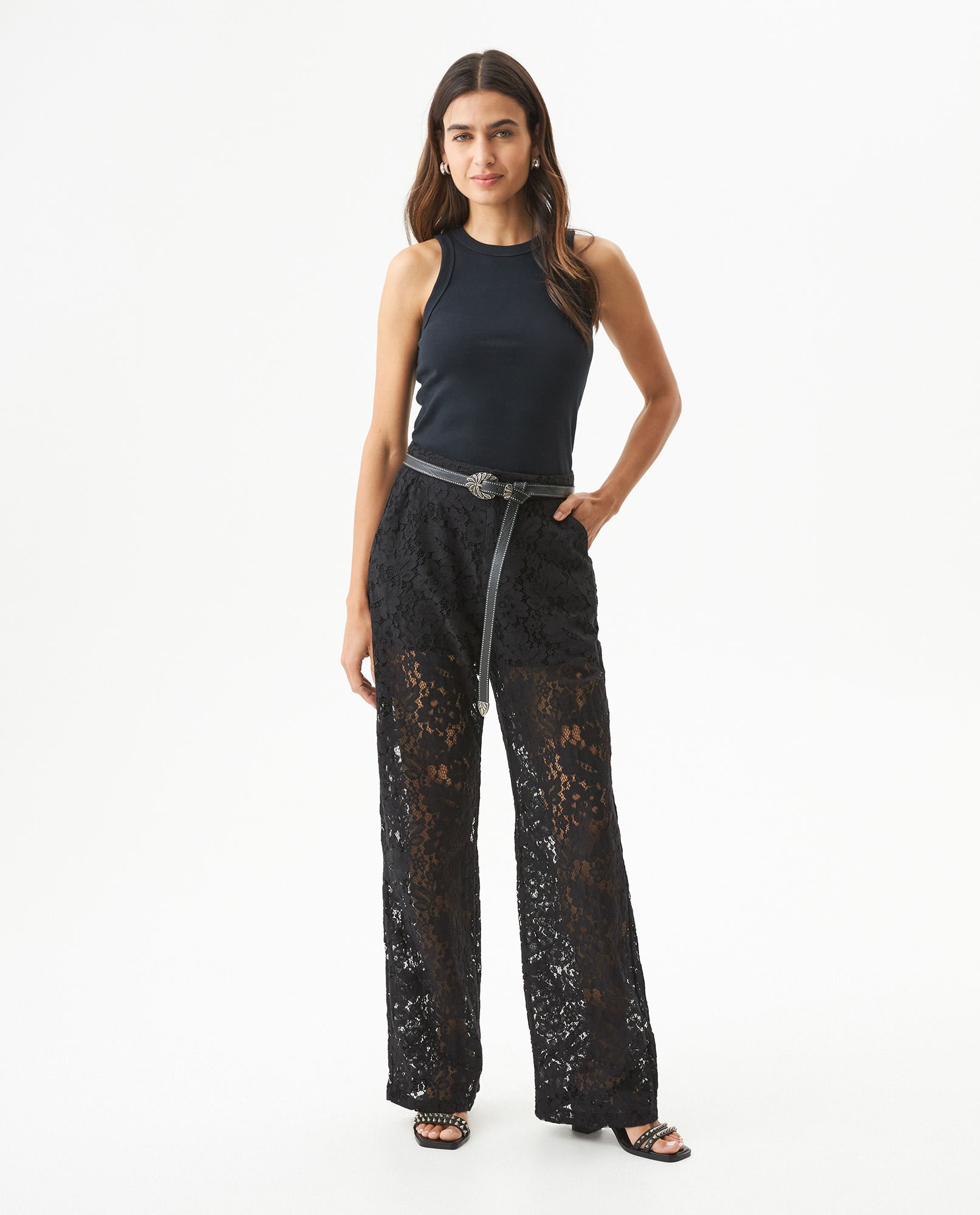 Pantalon Silueta Recta con Efecto Bordado para Mujer