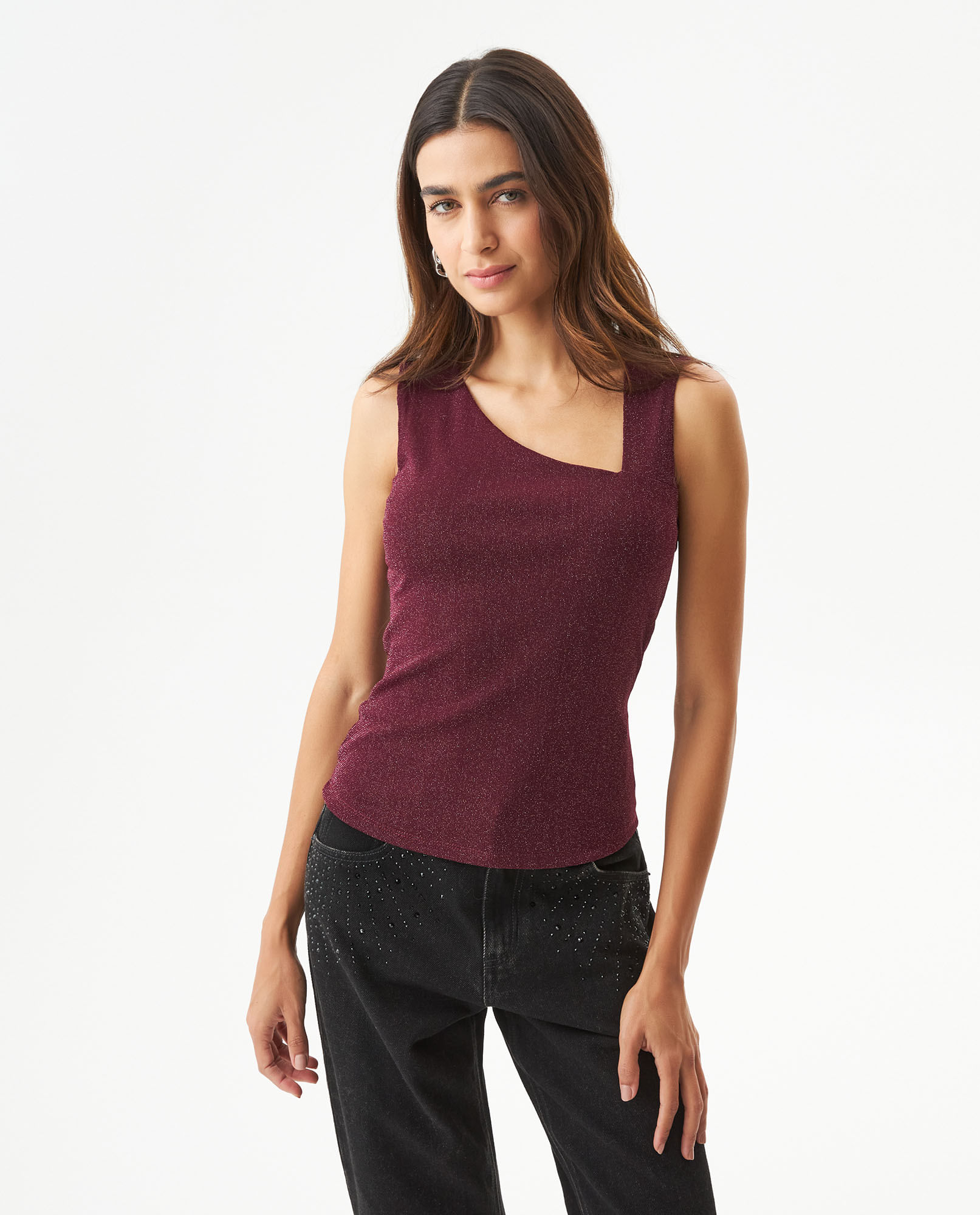 Camiseta Silueta Ajustada Manga Sisa con Brillo para Mujer