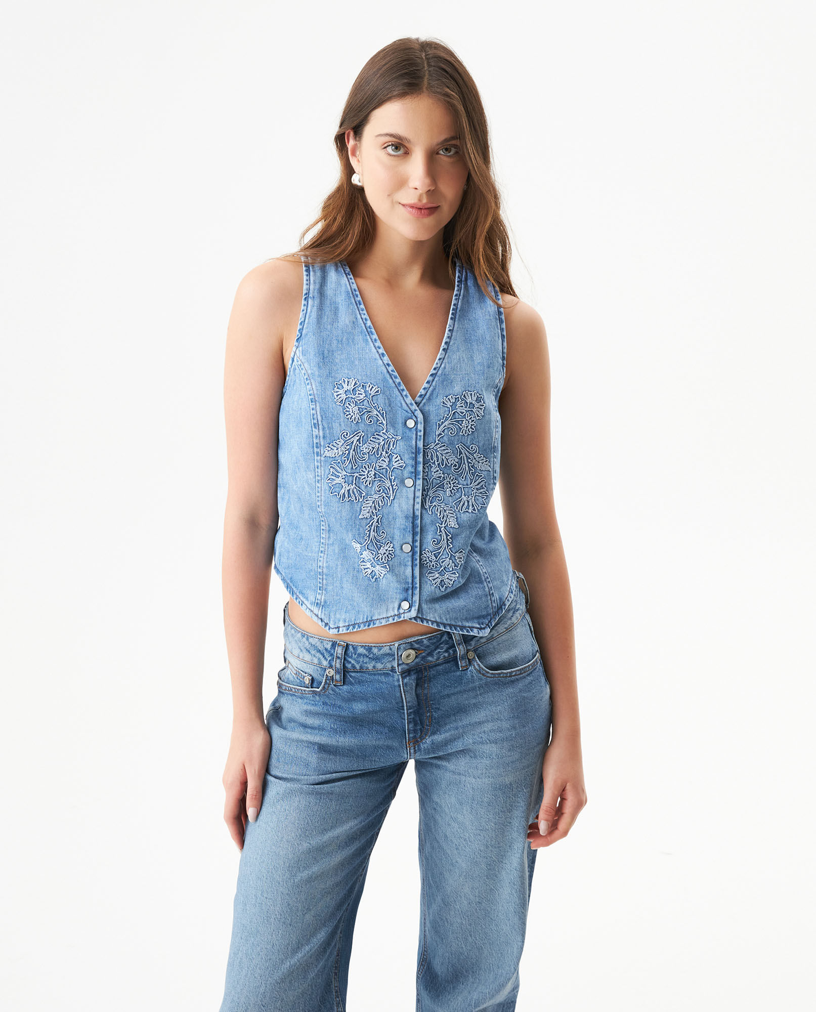 Camisa Tipo Chaleco con Escote V en Denim para Mujer