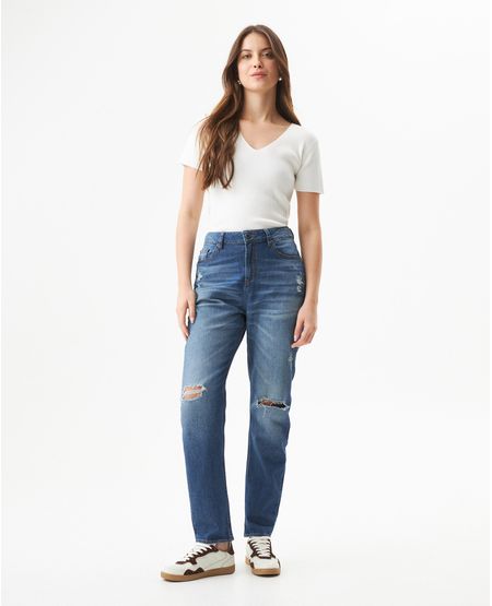 Jean Boy Fit Tiro Medio para Mujer en Mezcla de Algodón y Tencel, Plaza