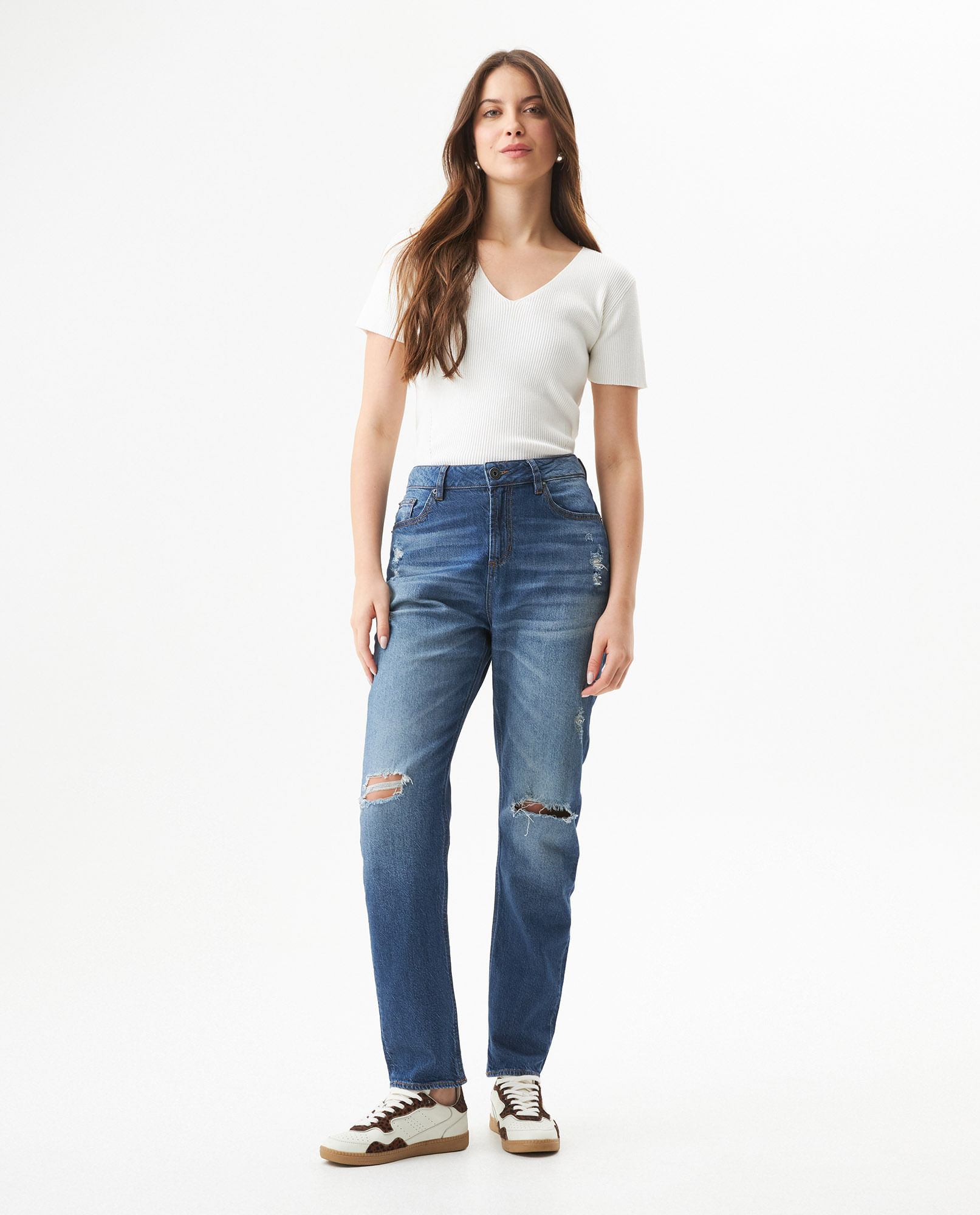 Jean Boy Fit Tiro Medio para Mujer en Mezcla de Algodón y Tencel, Plaza