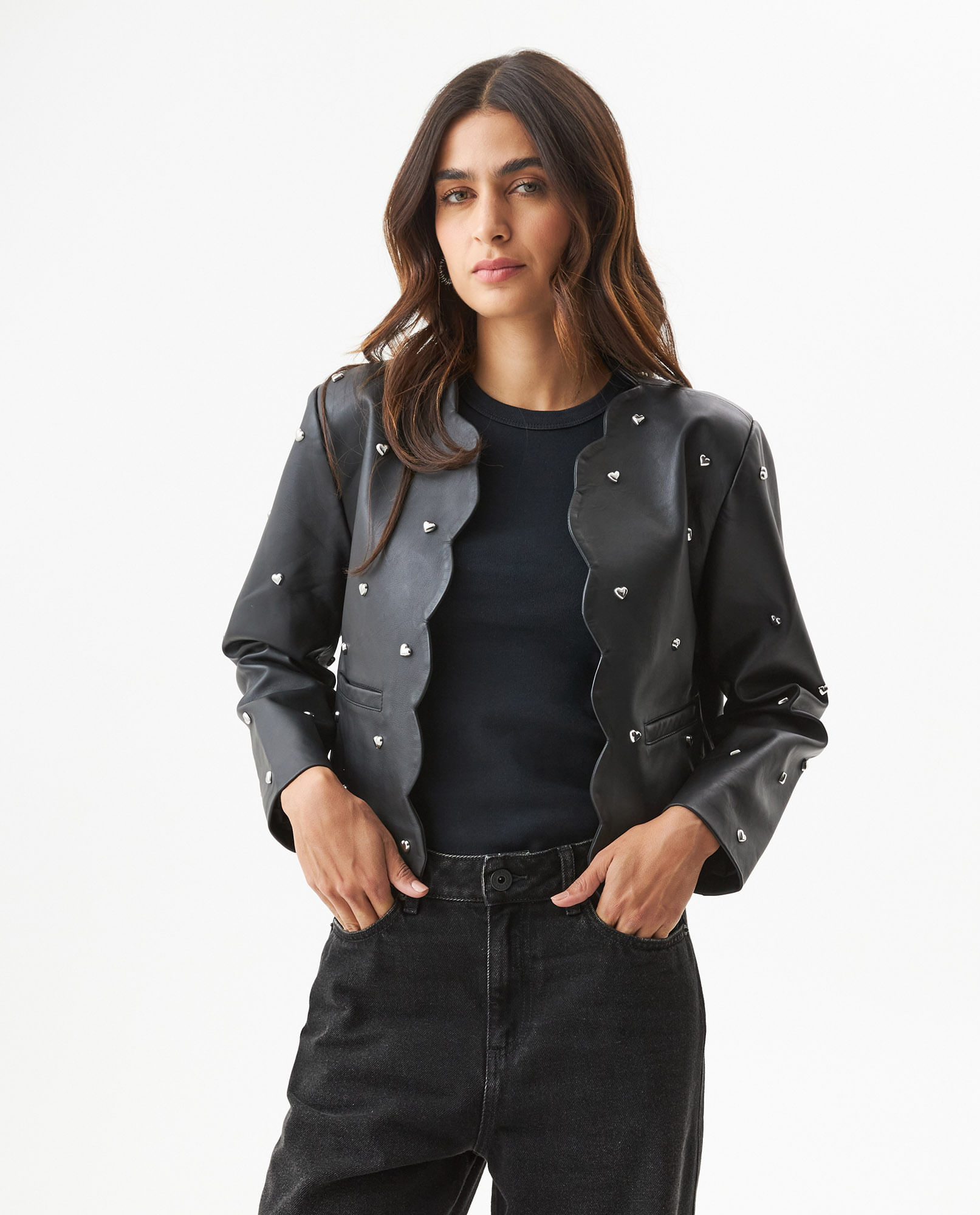 Chaqueta de Cuero de Oveja sin Cuello con Apliques en Forma de Corazón para Mujer