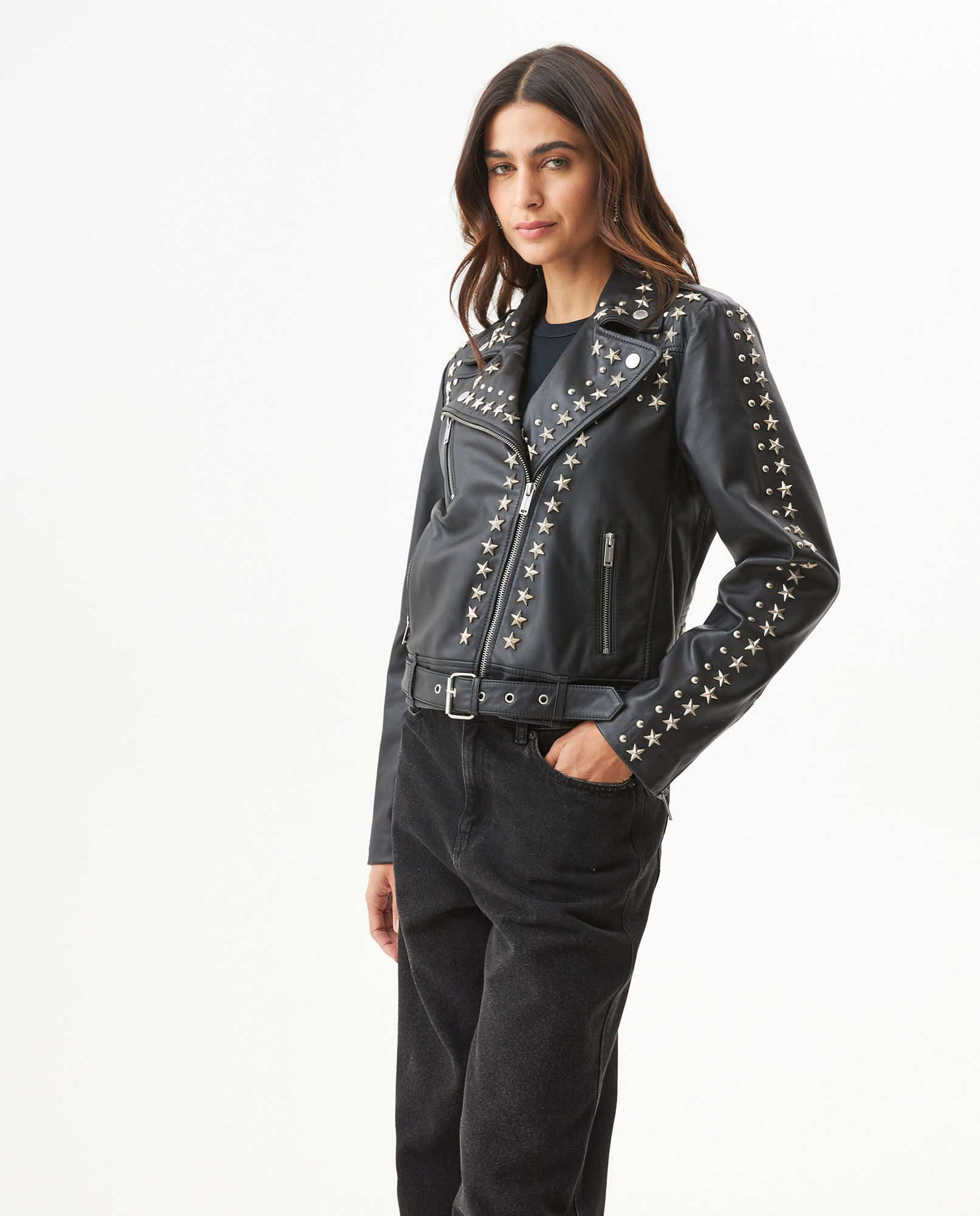 Chaqueta Biker de Cuero de Oveja con Apliques en Forma de Estrella para Mujer