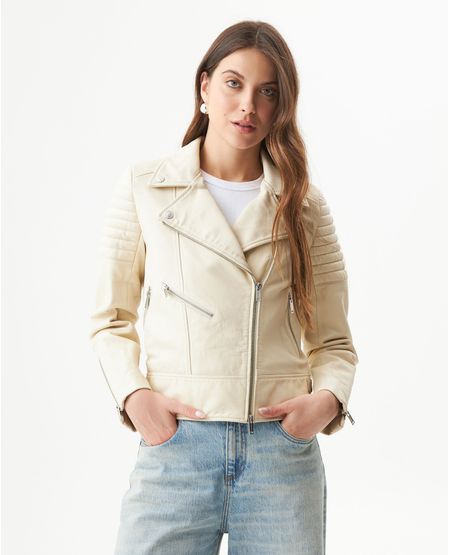 Chaqueta Biker de Cuero de Oveja en Tono Marfil para Mujer