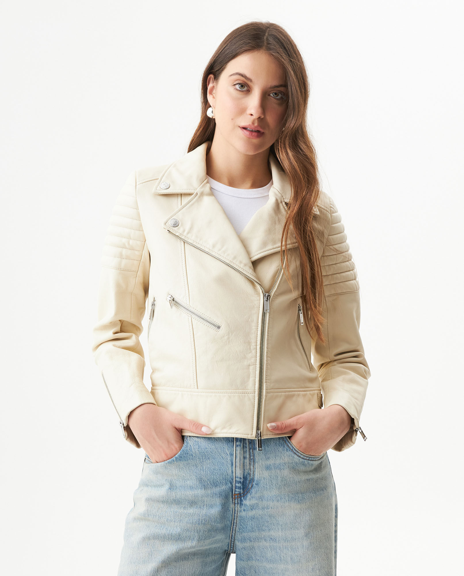 Chaqueta Biker de Cuero de Oveja en Tono Marfil para Mujer