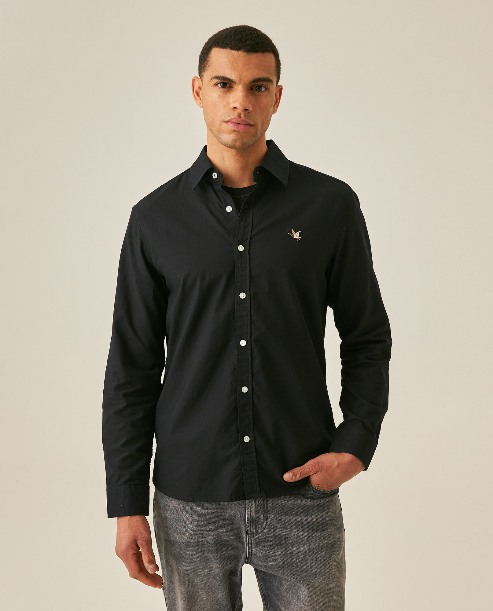 Camisa de Hombre Manga Larga Slim Fit Pato Bordado Tela Oxford en Algodón