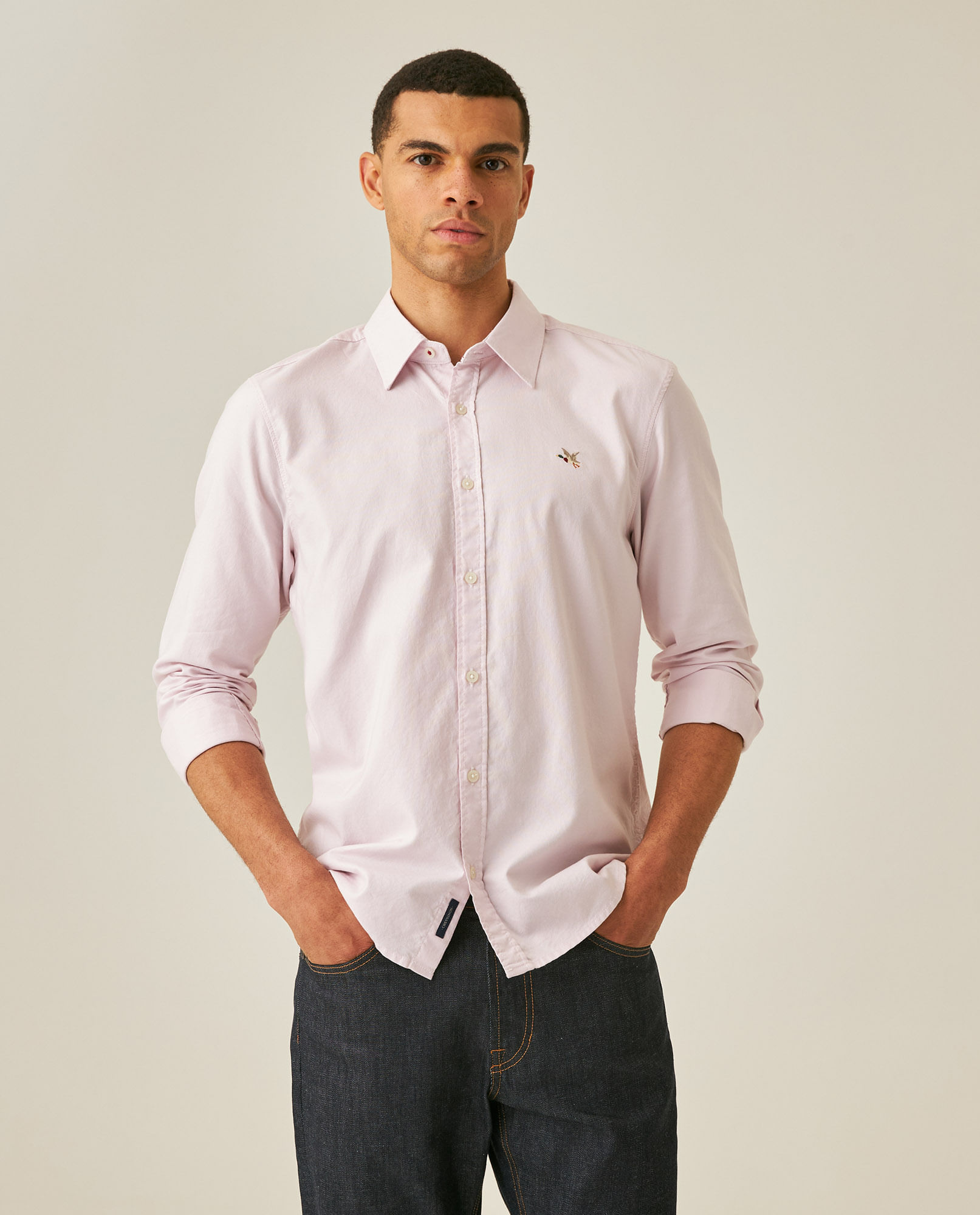 Camisa de Hombre Manga Larga Slim Fit Pato Bordado Tela Oxford en Algodón