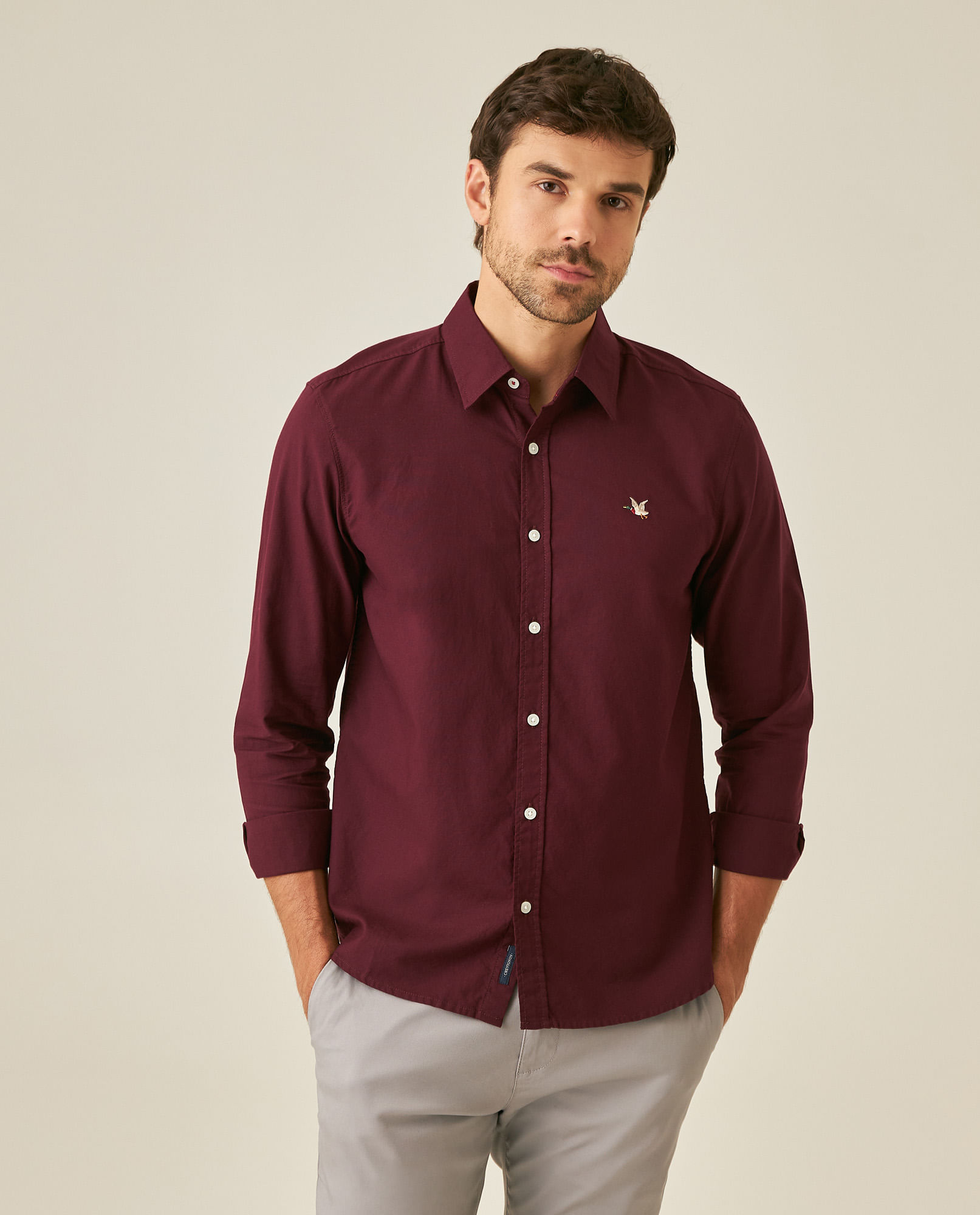 Camisa de Hombre Manga Larga Slim Fit Pato Bordado Tela Oxford en Algodón