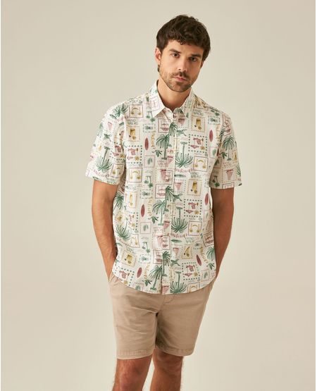 Camisa de Hombre Manga Corta Classic Fit Resort Estampado Continuo de Palmeras en Algodón