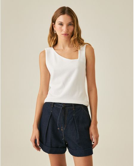 Camiseta de Mujer Moda Ajustada Escote Asimétrico Manga Sisa con Forro en Mezcla Técnica