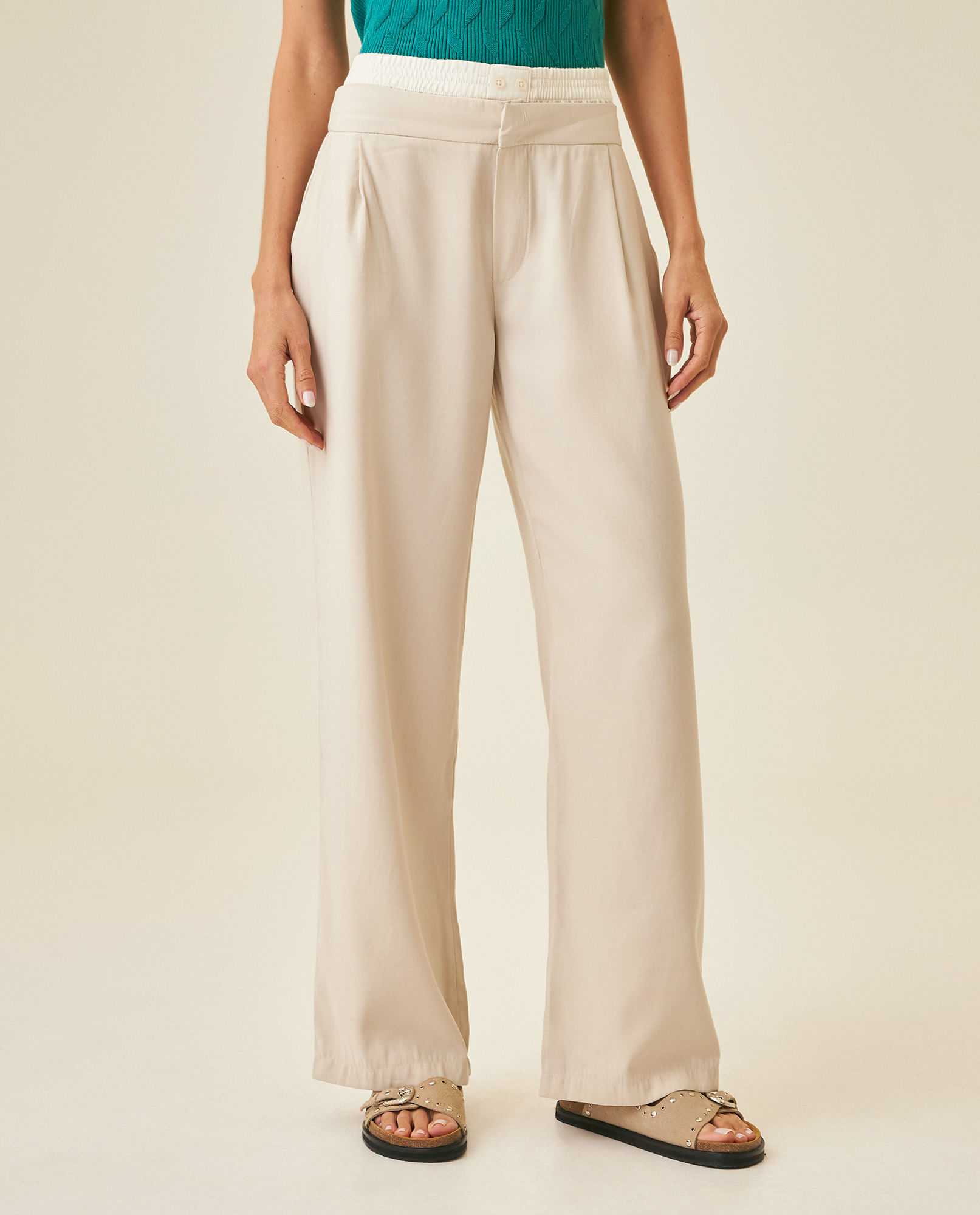 Pantalón de Mujer Wide Leg Tiro Alto Doble Pretina Tipo Boxer en Mezcla de Rayón