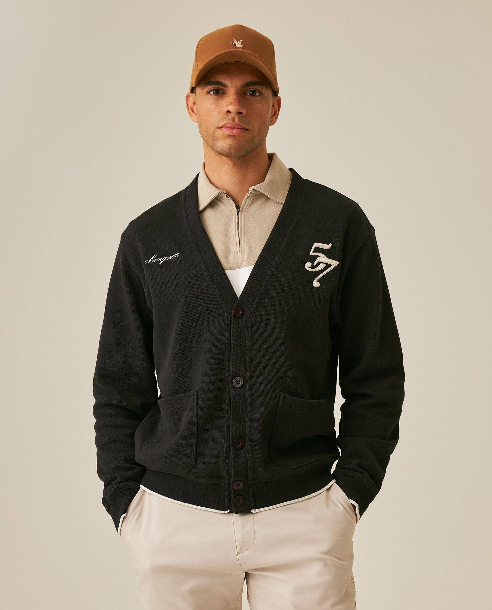 Buzo de Hombre Tipo Cardigan Gráficos Bordados Bolsillos de Parche en Mezcla de Algodón