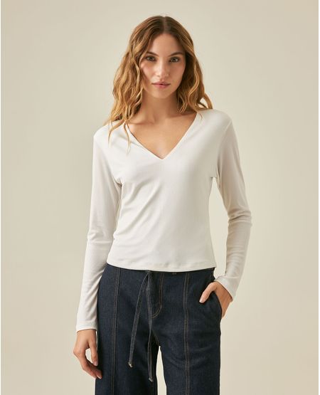 Camiseta de Mujer Moda Ajustada Escote en V Manga Larga con Lurex Plateado en Mezcla de Poliéster