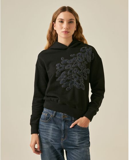Buzo de Mujer Tipo Hoodie con Capucha Loose Fit Animal Print Flock Piedras en Mezcla de Algodón