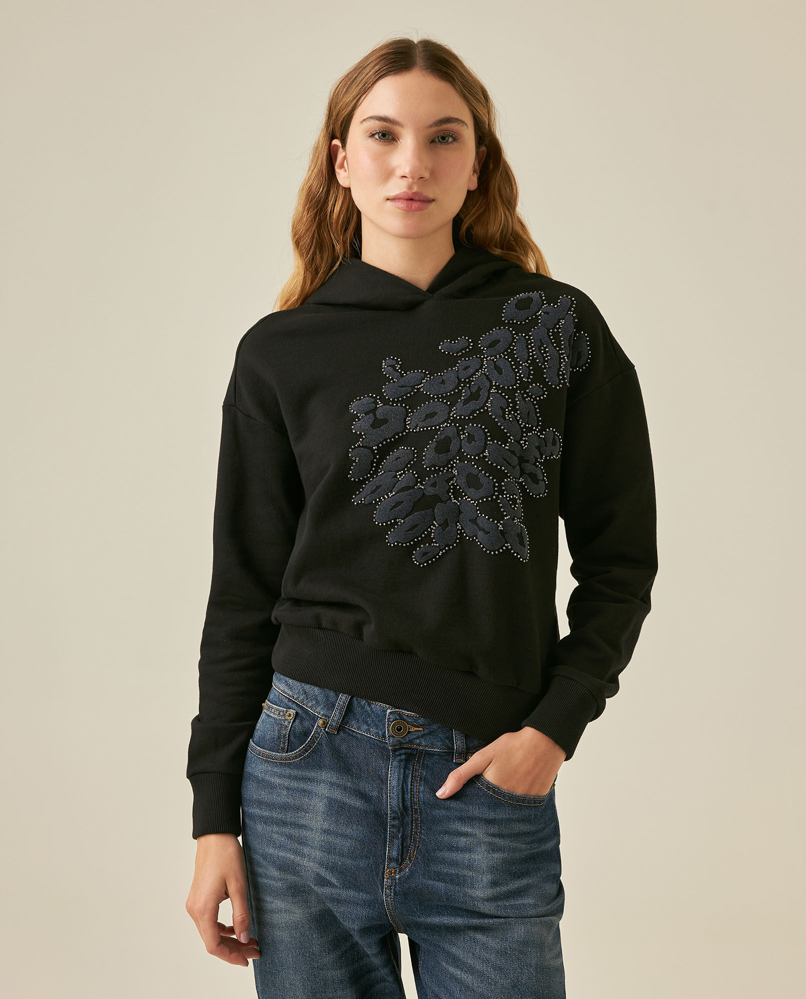 Buzo de Mujer Tipo Hoodie con Capucha Loose Fit Animal Print Flock Piedras en Mezcla de Algodón
