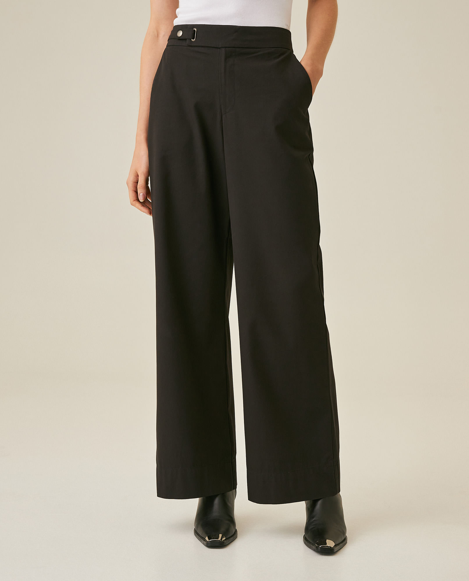 Pantalón de Mujer Wide Leg Tiro Alto con Tapa Broche en Mezcla de Modal y Algodón
