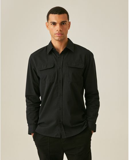 Camisa de Hombre Manga Larga Regular Fit Bolsillos de Parche Diagonal Marcada Twill en Algodón
