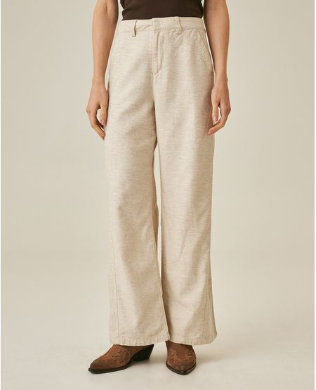 Pantalón de Mujer Wide Leg Tiro Alto con Bordado Tono a Tono Corte Diagonal en Mezcla de Algodón, Viscosa y Lino