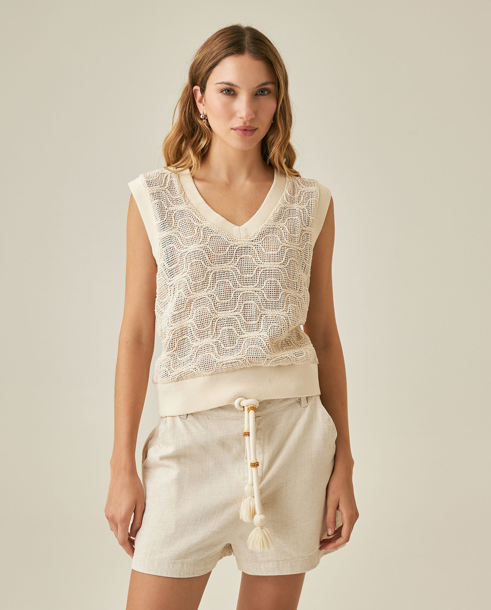 Blusa de Mujer Moda Tipo Chaleco Efecto Tejido Textura Transparente en Algodón