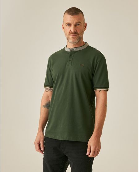 Camisa Polo de Hombre Slim Fit Cuello Nerú con Banda en Contraste en Mezcla de Algodón