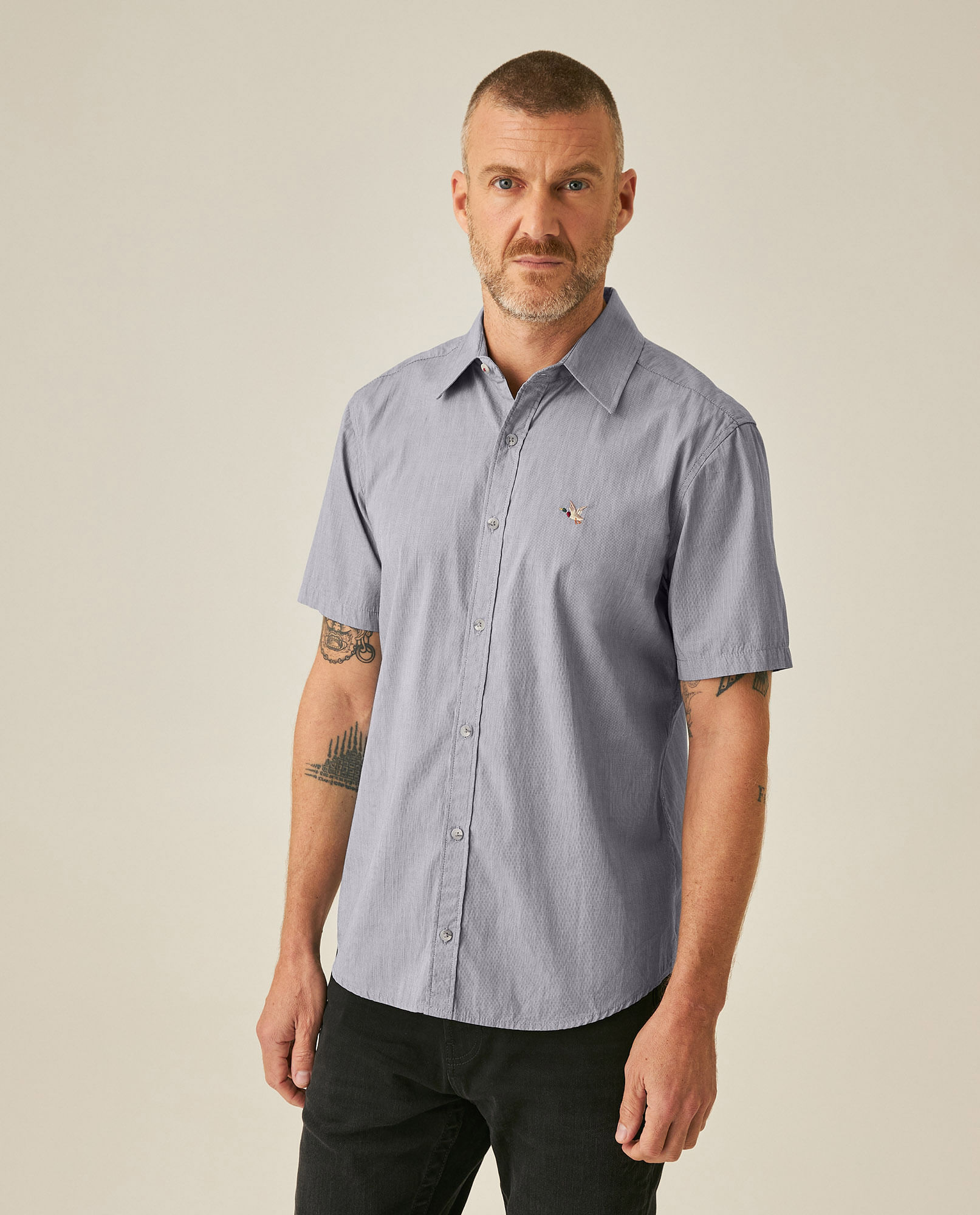 Camisa de Hombre Manga Corta Slim Fit Fill&Fill Detalles en Rojo en Mezcla de Algodón y Lino