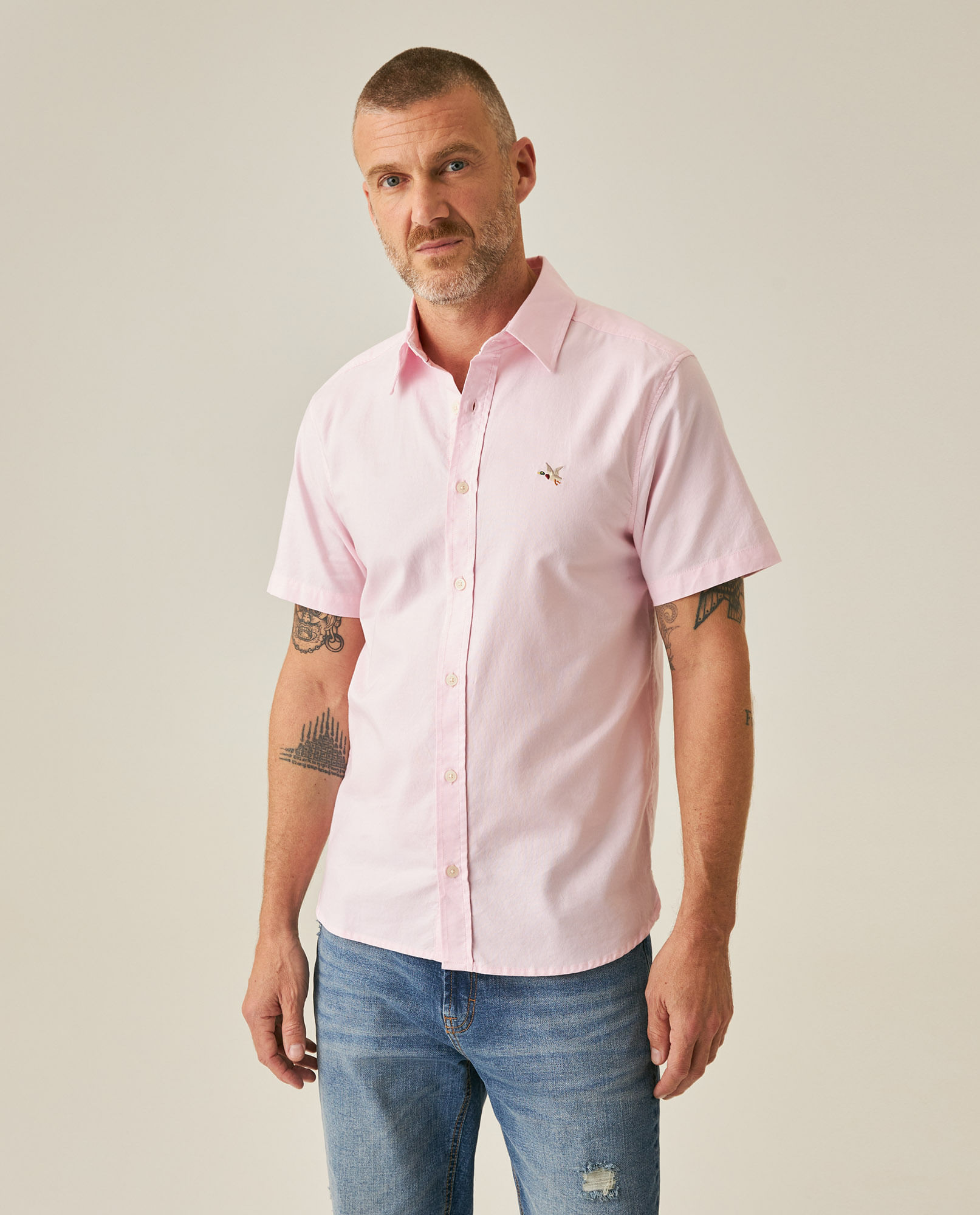 Camisa de Hombre Manga Corta Slim Fit Pato Bordado Tela Oxford en Algodón