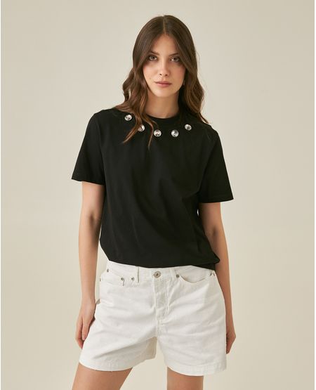 Camiseta de Mujer Moda Oversized Cuello Redondo con Remaches Espejo en  Algodón