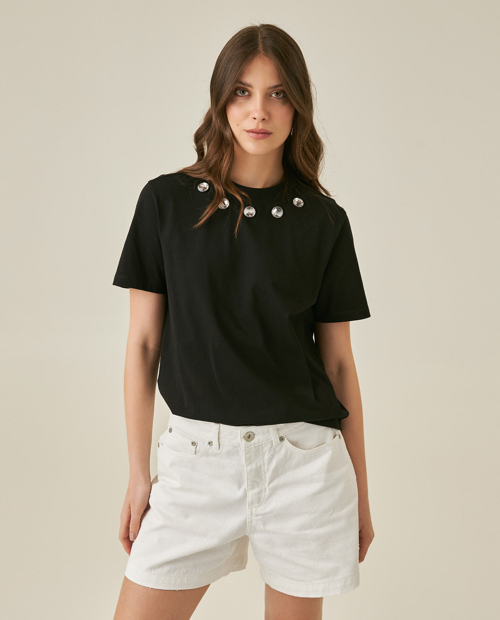 Camiseta de Mujer Moda Oversized Cuello Redondo con Remaches Espejo en  Algodón