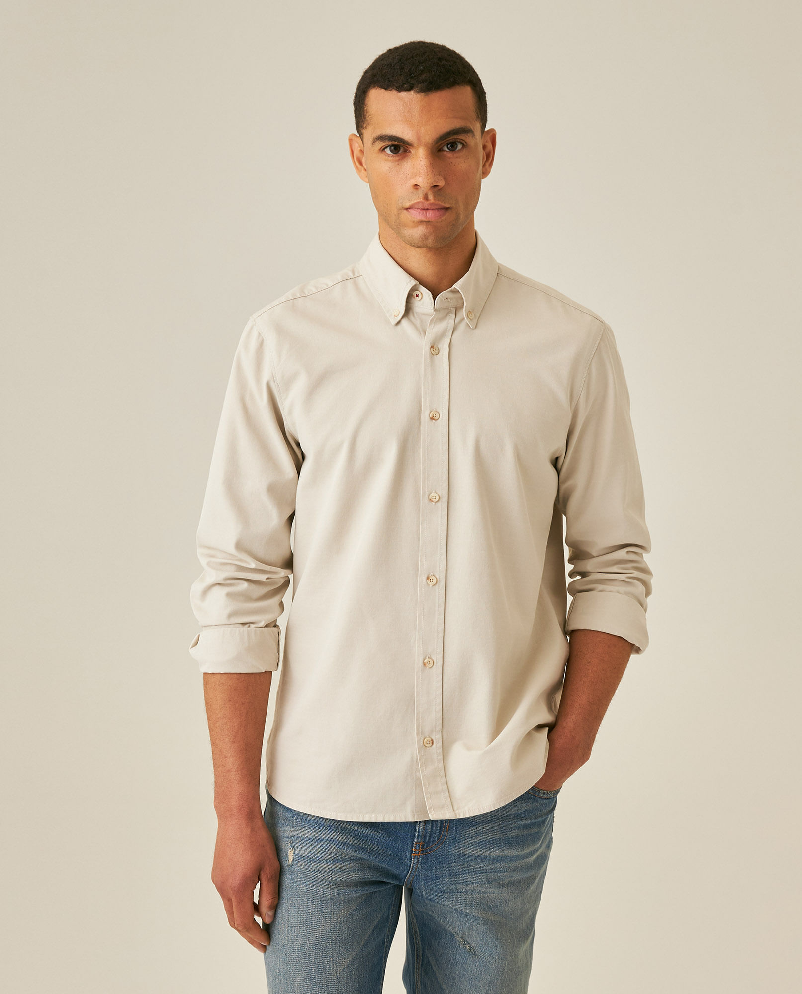Camisa de Hombre Manga Larga Slim Fit Button Down Texturizada Jeanswear en Mezcla de Algodón y Lyocell