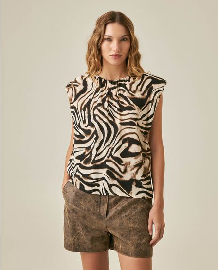 Blusa de Mujer Moda Silueta Recta Escote Recogido con Hombreras Estampada en Mezcla de Viscosa