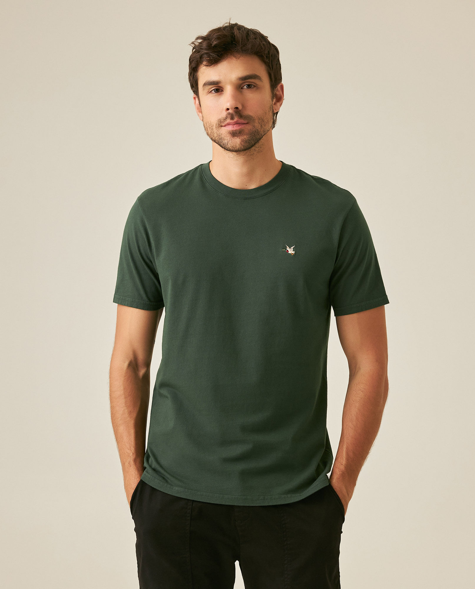 Camiseta de Hombre Slim Fit Manga Corta Cuello Redondo Pato Bordado en Algodón
