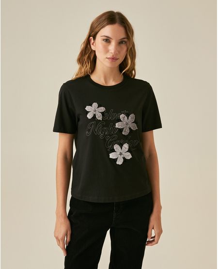 Camiseta de Mujer Gráfica Slim Fit Cuello Redondo con Flores Velveteen Localizado en Algodón