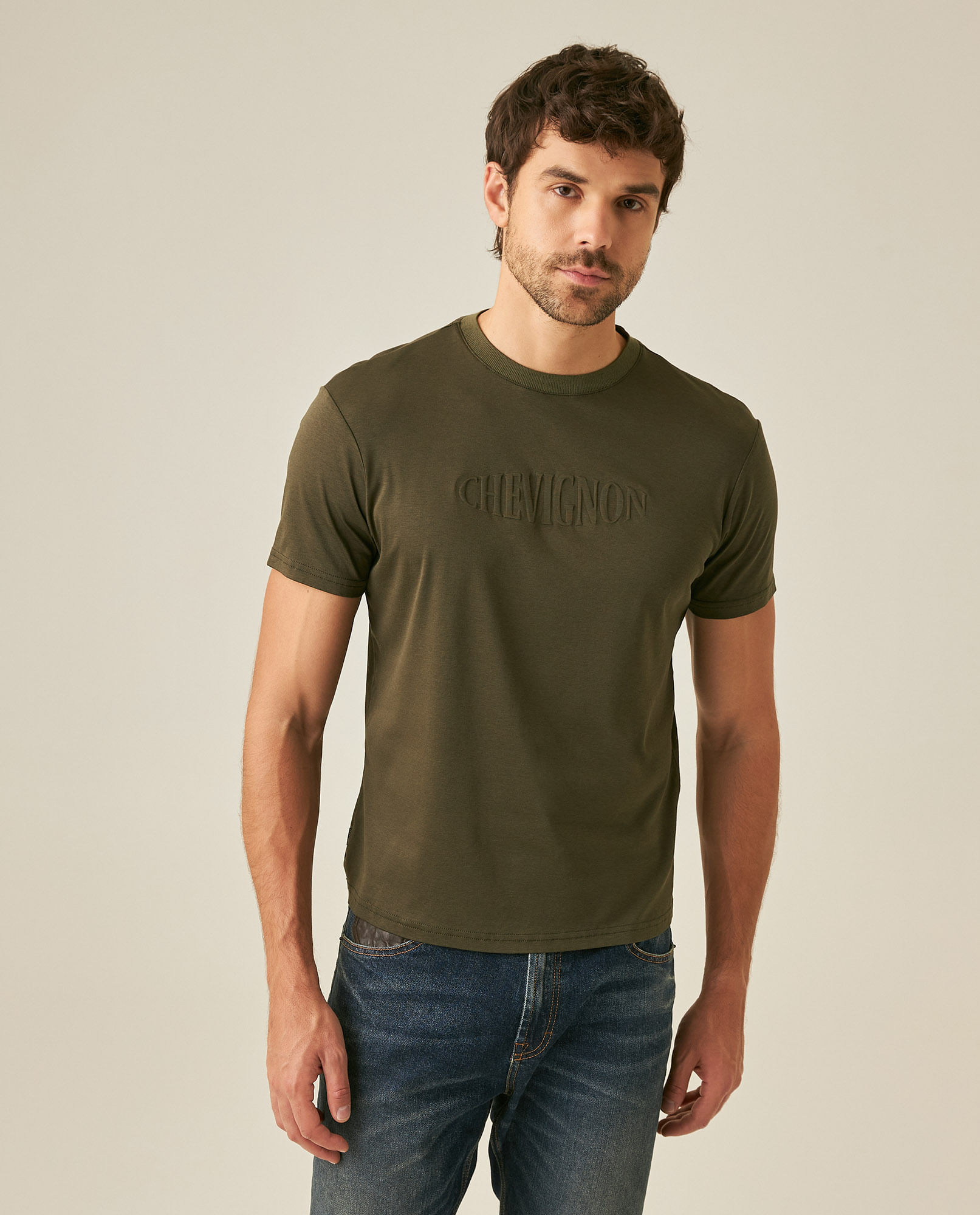 Camiseta de Hombre Slim Fit Manga Corta con Gráfico Repujado en Mezcla de Modal y Algodón