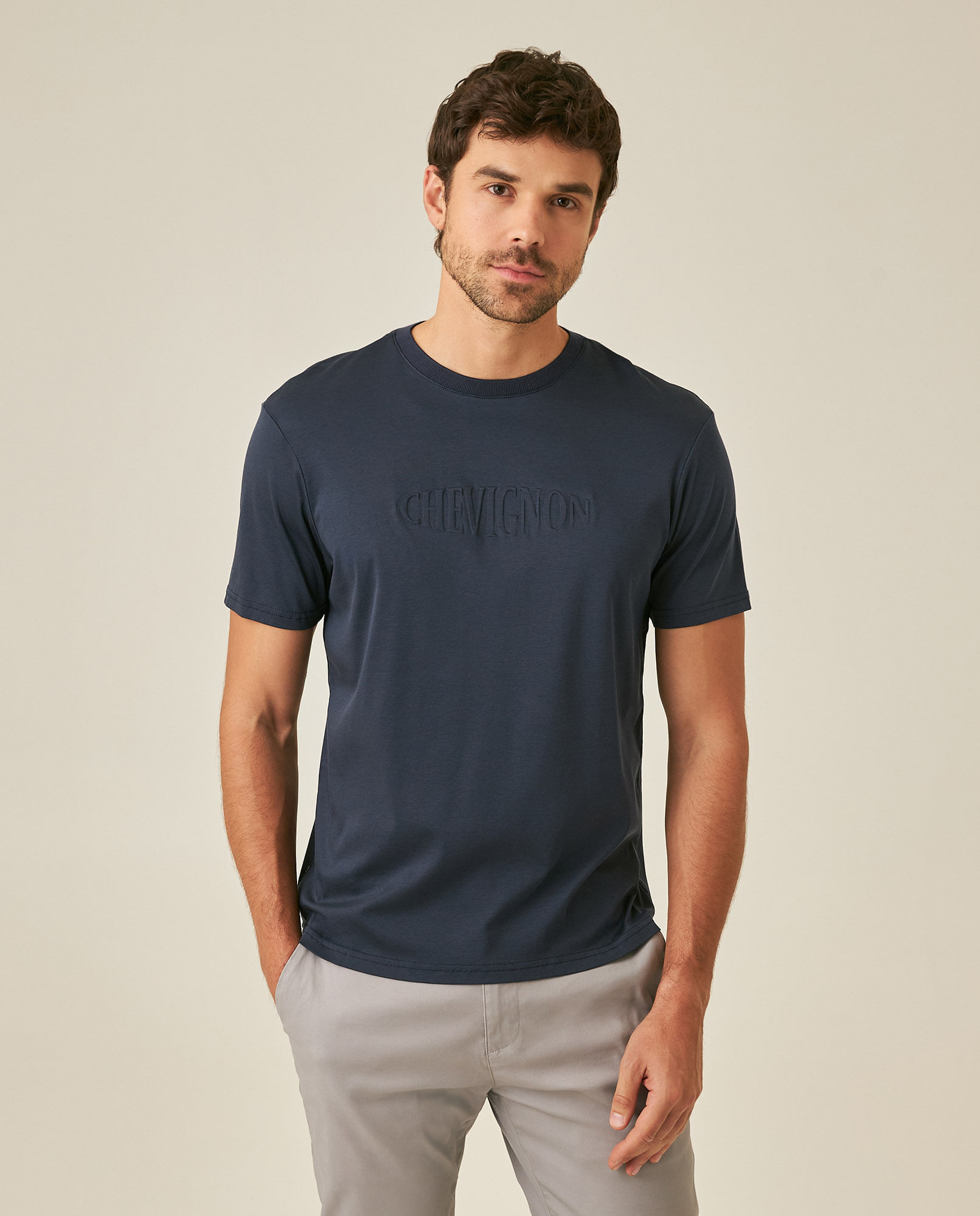Camiseta de Hombre Slim Fit Manga Corta con Gráfico Repujado en Mezcla de Modal y Algodón